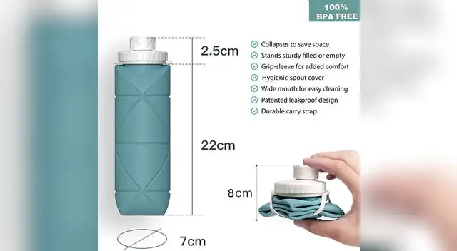Botella de agua plegable. Regalo infalible para viajar, además, no ocpua mucho espacio en la maleta.