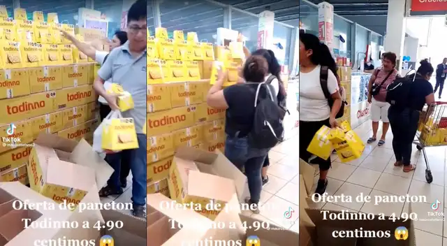 Clientes aprovechando oferta de panetones para comprar por cantidad en Plaza Vea