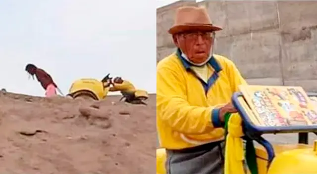 Heladero de D'Onofrio es ayudado por un bañista al no poder cruzar pendiente en Huacho.