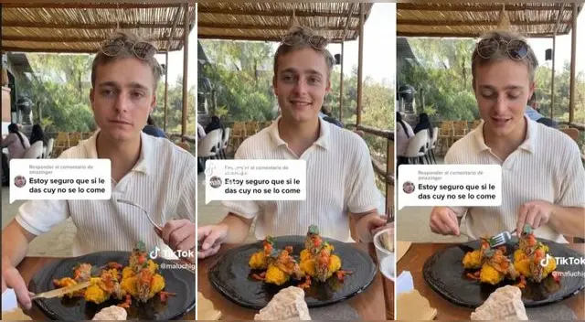 El muchacho fue a comer cuy chactado junto a su novia peruana y su reacción es viral en TikTok. El muchacho fue a comer cuy chactado junto a su novia peruana y su reacción es viral en TikTok.
