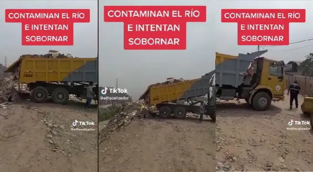 Camión de carga descargando desmonte en río Chillón en Comas Camión de carga descargando desmonte en río Chillón en Comas