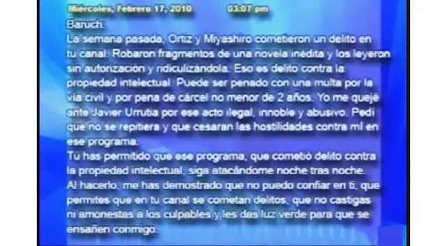  Esta es la primera parte de la carta de renuncia de Jaime Bayly. Fuente: Difusión.   