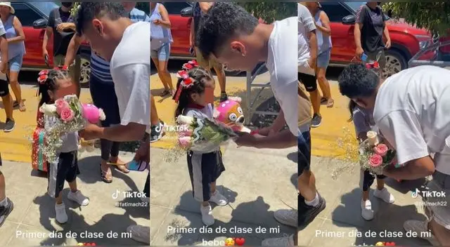 Es viral en TikTok. Padre de familia recoge a su hija con ramo de flores y peluche en su primer día de clases.