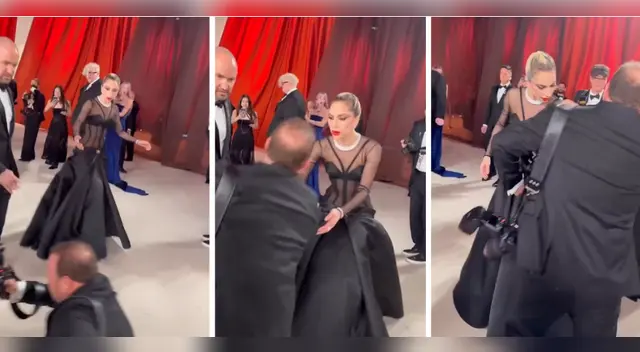 Lady Gaga ayuda a fotógrafo en los Oscar 2023.