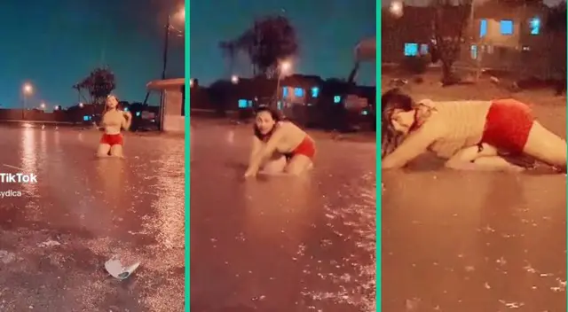 La joven aprovechó el cambio de clima para bailar famoso trend.