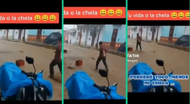 Las intensas lluvias no fueron impedimento para que señor corra tras su caja de cervezas.