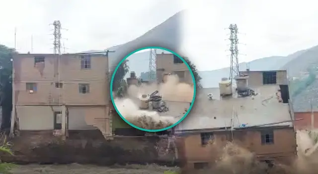 Casa de tres pisos en Chosica no resiste al caudal del río Rímac y se cae a pedazos.