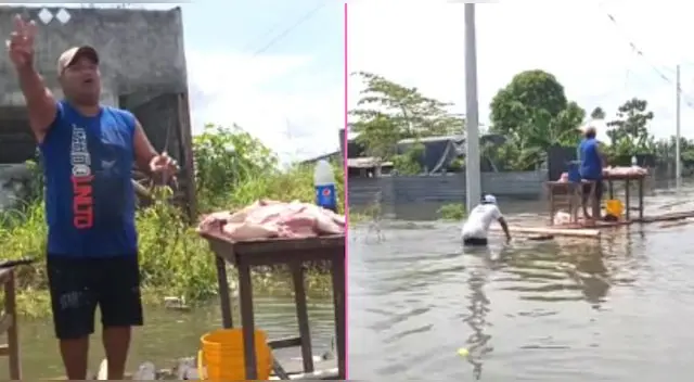 El señor se puso a vender carne de cerdo en medio de la inundación de una singular manera y es viral en TikTok. El señor se puso a vender carne de cerdo en medio de la inundación de una singular manera y es viral en TikTok.