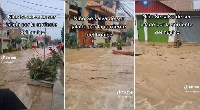 El niño estaba apunto de ser llevado por el huaico, pero lo ayudaron y escena es viral en TikTok.