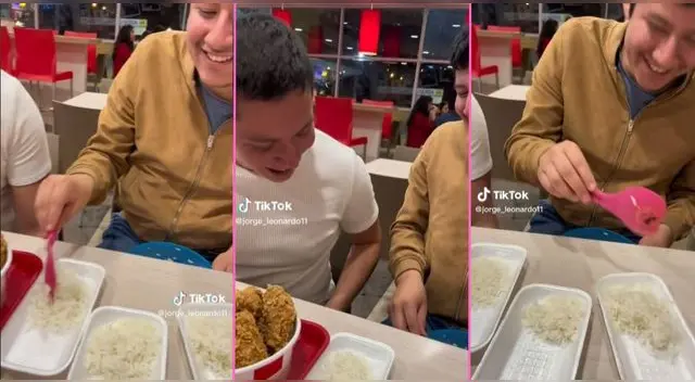 ¡Él si sabe comer! Joven lleva su táper de arroz para acompañar su KFC y es viral en TikTok.