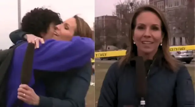 La periodista dejó por un momento su trabajo para saludar a su hijo. La periodista dejó por un momento su trabajo para saludar a su hijo.