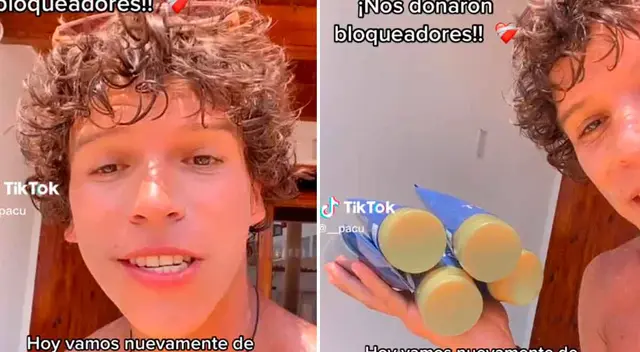 Joven tiktoker feliz por sus bloqueadores donados. Joven tiktoker feliz por sus bloqueadores donados.