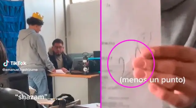 El muchacho no imaginó que su profesor lo jalaría por la broma. El muchacho no imaginó que su profesor lo jalaría por la broma.