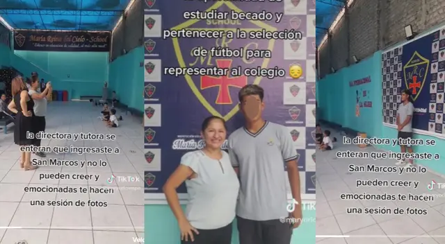 Estudiante sacándose fotos con sus exprofesores de colegio.