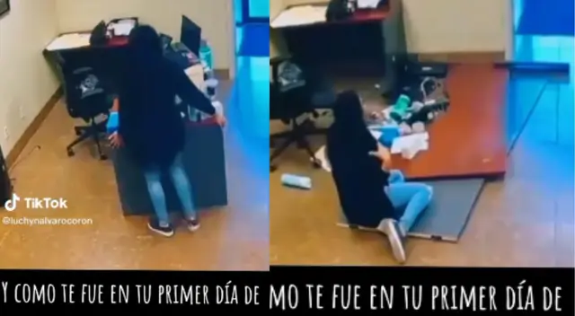 El escritorio terminó destrozado por el blooper de la joven.
