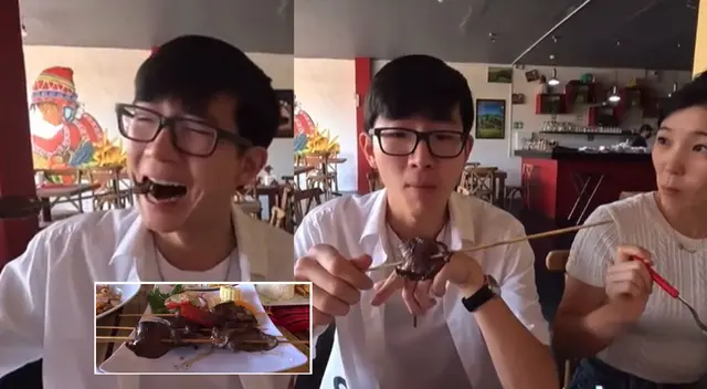 Joven turista se animó a probar anticucho peruano por primera vez y escena se hizo viral en las redes sociales.