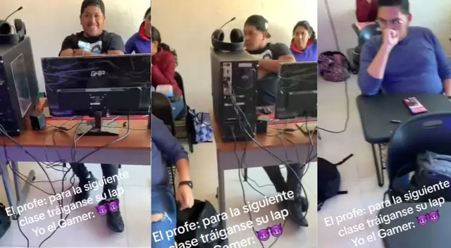 El joven como no tenó laptop, llevó su PC gamer a clase.