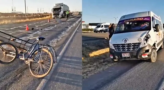 Triciclo destruido de adulto mayor y minivan.