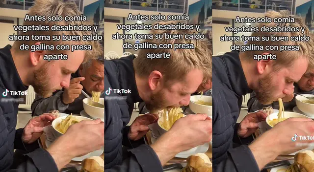 Peruana graba a su novio holandés probando caldo de gallina y su reacción sorprende. Peruana graba a su novio holandés probando caldo de gallina y su reacción sorprende.