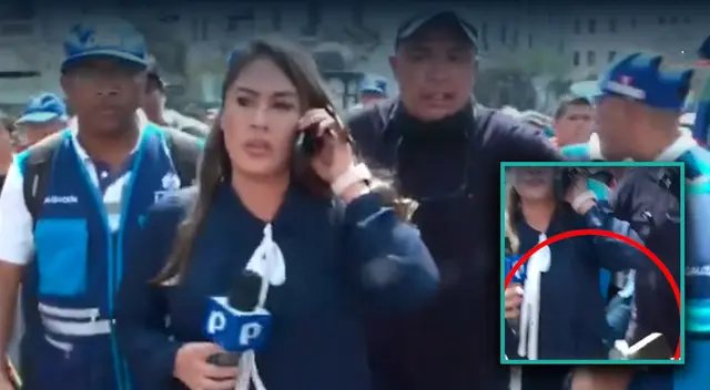 Personal de Fiscalización de la Municipalidad de Lima apoyó a la reportera para evitar más ataques de los manifestantes. Personal de Fiscalización de la Municipalidad de Lima apoyó a la reportera para evitar más ataques de los manifestantes.