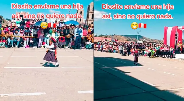 Una niña se robó las miradas al desfilar con disciplina durante las celebraciones de fiestas patrias.