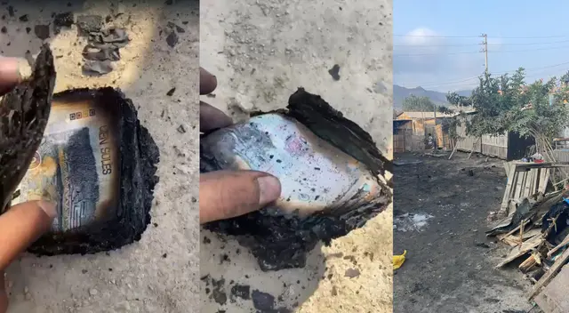 Vivienda y billetes quemados tras incendio.