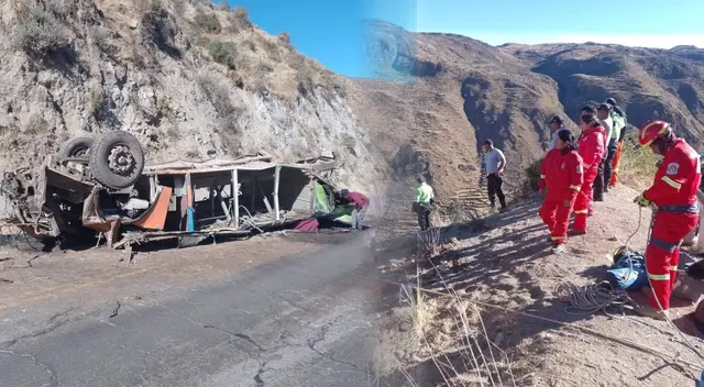 Bus y lugar del accidente en la región de Huancavelica.