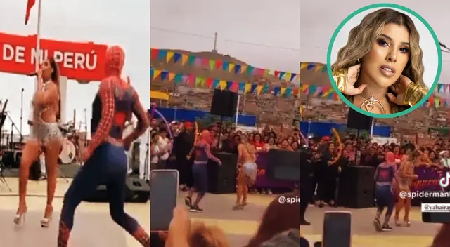 Yahaira Plasencia sorprendida en el distrito de Mi Perú por imitador de Spiderman.