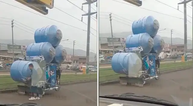 Un mototaxista se volvió viral tras llevar de manera increíble cuatro cisternas.