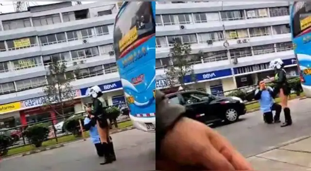 Chofer de combi se arrodilla a una policía en plena calle de San Isidro y deja en shock.