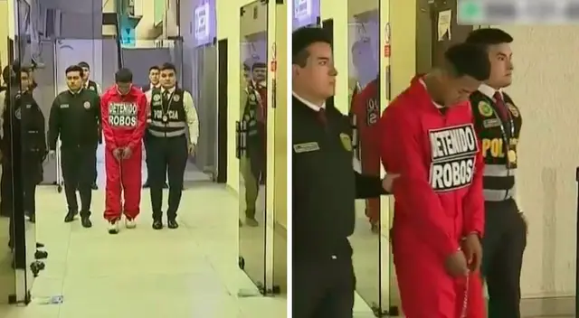 Los detenidos por extorsión en SJL y SMP fueron presentados ante cámaras con uniformes rojos y grilletes. Los detenidos por extorsión en SJL y SMP fueron presentados ante cámaras con uniformes rojos y grilletes.