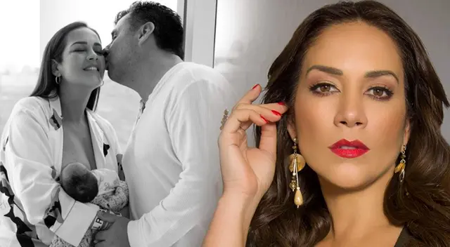 Marina Mora emocionada por tener a su bebé en brazos.