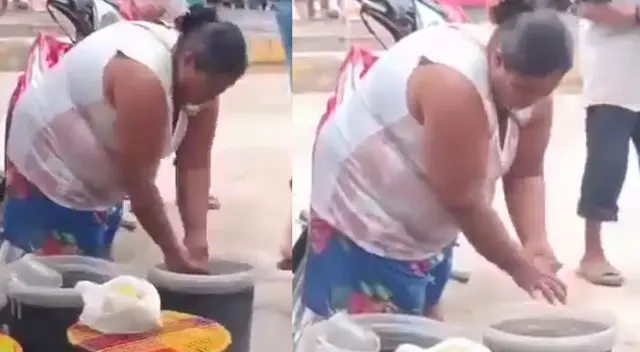 Vendedora ambulante es captada lavándose las manos Vendedora ambulante es captada lavándose las manos