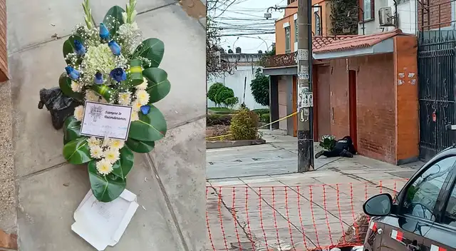 La Victoria. Dejan granada y corona fúnebre en la casa del alcalde Rubén Cano.