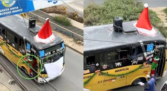 Cobrador peruano se disfraza de duende y micro de Papá Noel por Navidad.