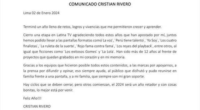 Comunicado de Cristian Rivero anunciando su salida de Latina.  
