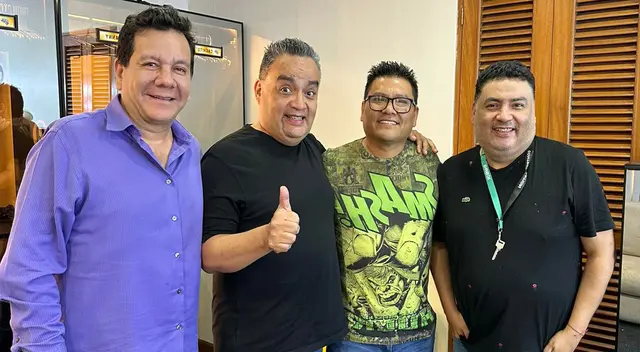 Jorge Benavides junto Alfredo, Ney Guerrero, productor general de ATV y Percy Diestra. Jorge Benavides junto Alfredo, Ney Guerrero, productor general de ATV y Percy Diestra.