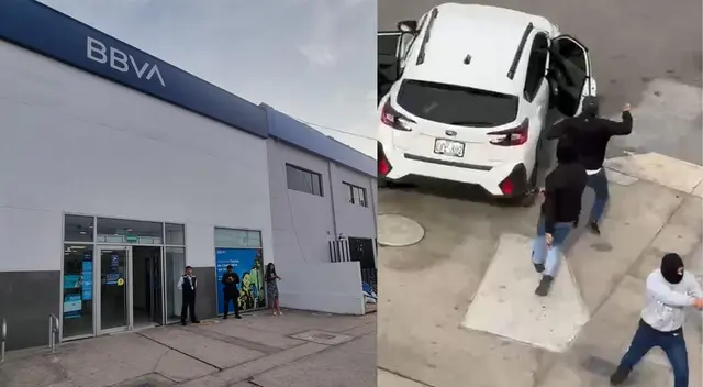 Encapuchados y fuertemente armados. Así irrumpieron los delincuentes en el ingreso del BBVA.