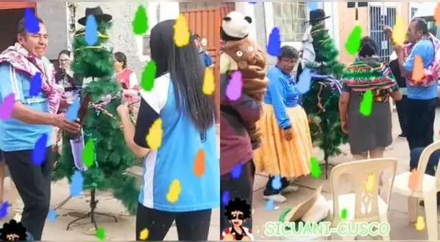 Familia peruana usa arbolito de Navidad como yunza para celebrar los carnavales en Sicuani y es viral en TikTok.