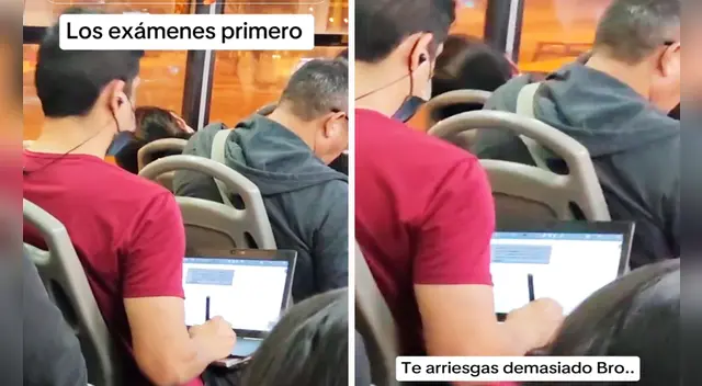 Joven peruano sorprende al hacer su tarea con laptop dentro de bus y en TikTok lo vacilan
