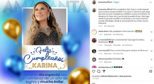 Este es el saludo de cumpleaños a Karina Benites. Fuente: Instagram.