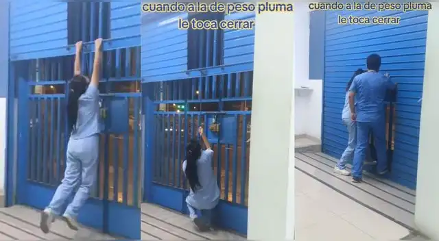 Trabajadora usa toda su fuerza para cerrar la puerta del negocio y es viral en TikTok.
