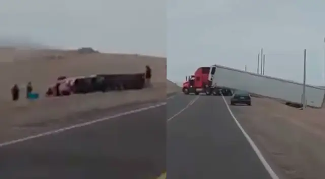 Uno de los tráileres quedó volcado fuera de la carretera Costanera Sur.
