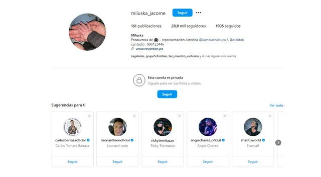 Miluska Jacome pone su perfil en privado. Fuente: Instagram.