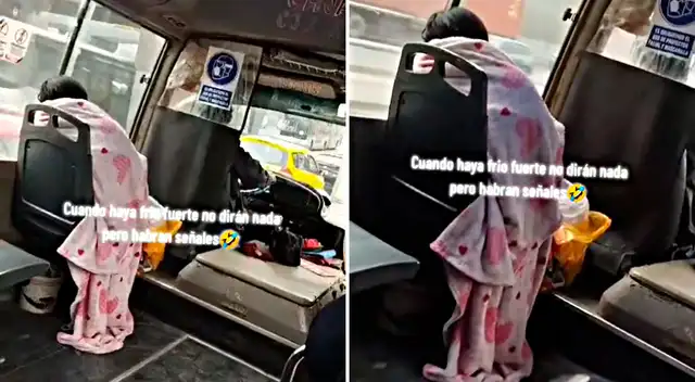 La joven peruana viajó en el bus con su colcha polar para desafiar el frío limeño.