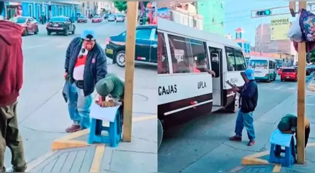 Señor supervisa las tareas de su hijo, mientras trabaja como 'datero' en las calles de Huancayo.