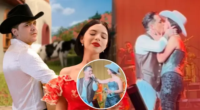 Christian Nodal y Ángela Aguilar se besan en pleno concierto.