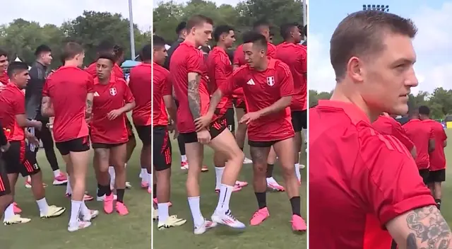 Oliver Sonne 'cuadra' a Christian Cueva tras recibir un golpe en el último entrenamiento previo del Perú vs. Chile Oliver Sonne 'cuadra' a Christian Cueva tras recibir un golpe en el último entrenamiento previo del Perú vs. Chile