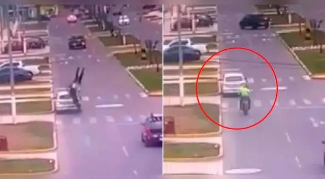 El policía salió volando tras chocar violentamente contra un carro.