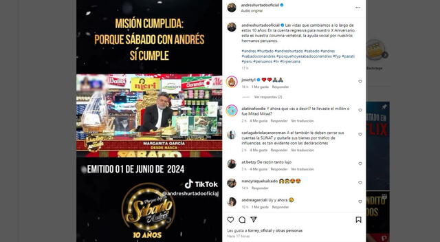 Andrés Hurtado defiende sus obras sociales. Fuente: Instagram.